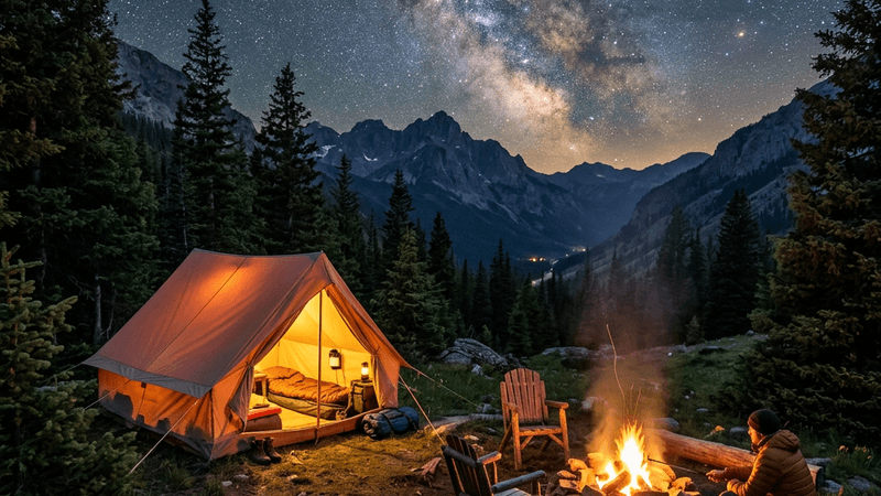 Cozy tent under a starlit sky in a mountain wilderness